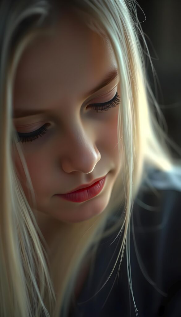 A beautiful, gentle young girl with flawless skin and soft, detailed long straight white hair that falls over her shoulders. Plump, thick kissable lips, long eyelashes. Her mouth is slightly open and she is looking down. The image appears peaceful.