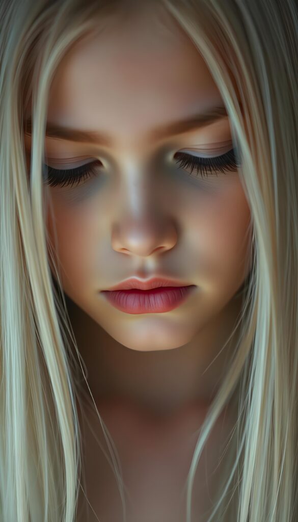 A beautiful, gentle young girl with flawless skin and soft, detailed long straight white hair that falls over her shoulders. Plump, thick kissable lips, long eyelashes. Her mouth is slightly open and she is looking down. The image appears peaceful.