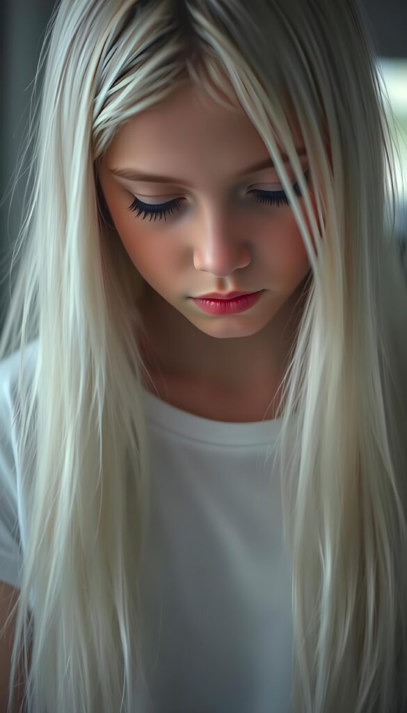 A beautiful, gentle young girl with flawless skin and soft, detailed long straight white hair that falls over her shoulders. Plump, thick kissable lips, deep black eyes, and long eyelashes. Her mouth is slightly open and she looks down in shame. The image appears peaceful. She wears a simple white T-shirt that gently hugs her perfect feminine body.