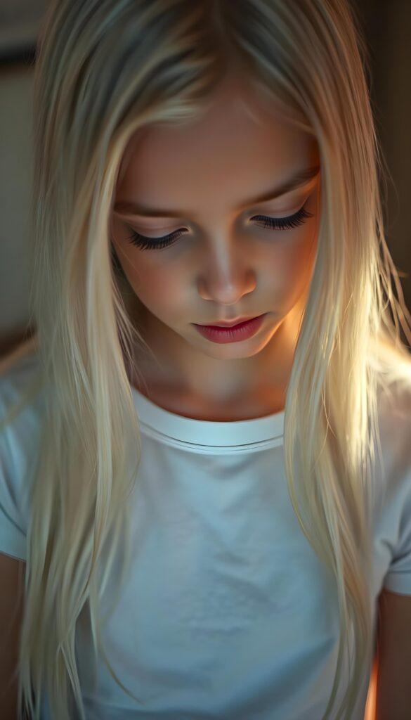 A beautiful, gentle young girl with flawless skin and soft, detailed long straight white hair that falls over her shoulders. Plump, thick kissable lips, deep black eyes, and long eyelashes. Her mouth is slightly open and she looks down in shame. The image appears peaceful. She wears a simple white T-shirt that gently hugs her perfect feminine body.