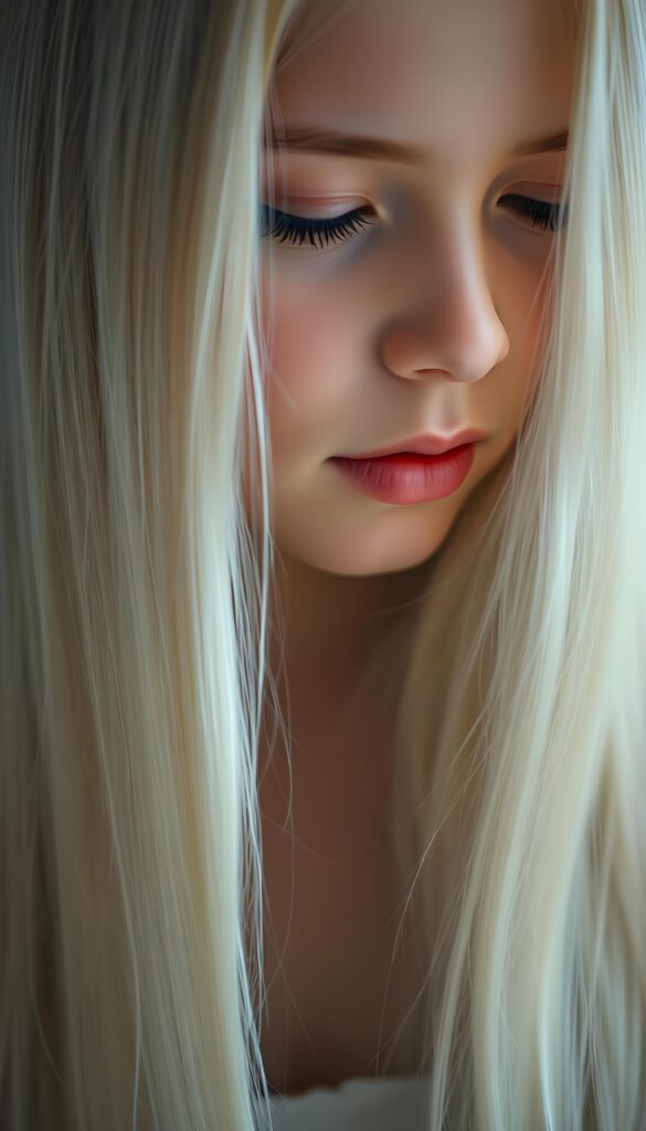 A beautiful, gentle young girl with flawless skin and soft, detailed long straight white hair that falls over her shoulders. Plump, thick kissable lips, long eyelashes. Her mouth is slightly open and she is looking down. The image appears peaceful.