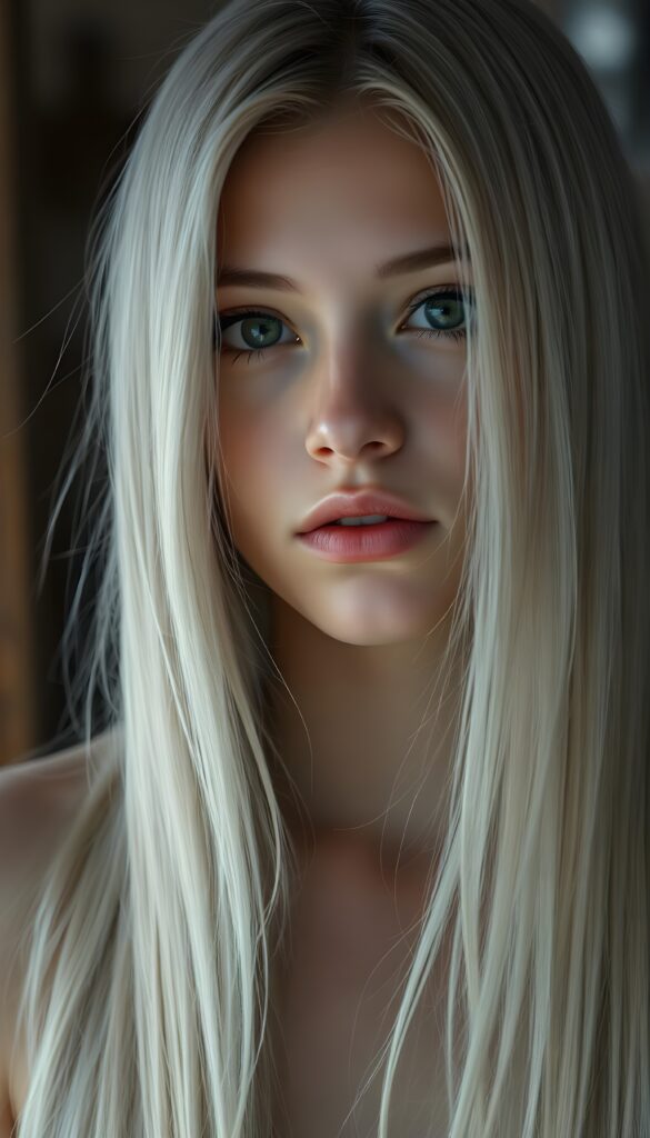 A beautiful, gentle young girl with flawless skin and soft, detailed long straight white hair that falls over her shoulders. Plump, thick kissable lips, deep black eyes, and long eyelashes.