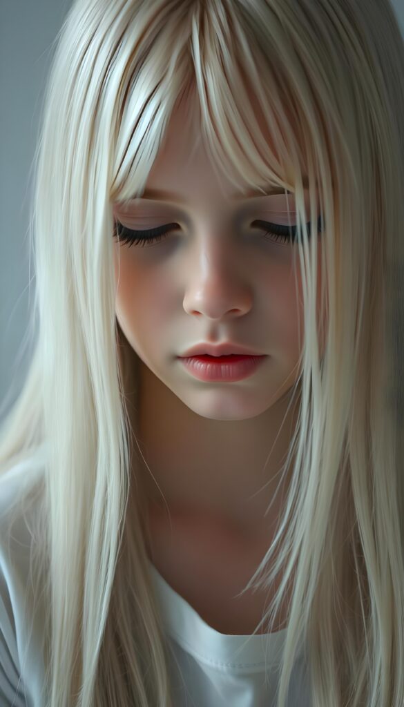 A beautiful, gentle young girl with flawless skin and soft, detailed long straight white hair that falls over her shoulders. Plump, thick kissable lips, deep black eyes, and long eyelashes. Her mouth is slightly open and she looks down in shame. The image appears peaceful. She wears a simple white T-shirt that gently hugs her perfect feminine body.