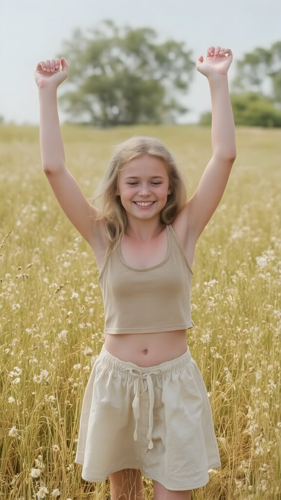 A beautiful, happy girl, 18 years old, perfect curved fit and female body, stands in a summer meadow. She is wearing a thin, short tank top and holding her arms up in the air. She is smiling and has her eyes slightly closed. She is wearing a summer skirt that reaches down to her knees. She is barefoot and enjoying life. Sunny