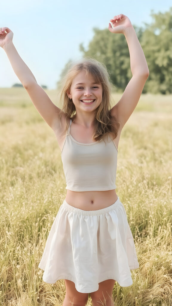 A beautiful, happy girl, 18 years old, perfect curved fit and female body, stands in a summer meadow. She is wearing a thin, short tank top and holding her arms up in the air. She is smiling and has her eyes slightly closed. She is wearing a summer skirt that reaches down to her knees. She is barefoot and enjoying life. Sunny
