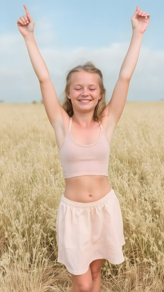 A beautiful, happy girl, 18 years old, perfect curved fit and female body, stands in a summer meadow. She is wearing a thin, short tank top and holding her arms up in the air. She is smiling and has her eyes slightly closed. She is wearing a summer skirt that reaches down to her knees. She is barefoot and enjoying life. Sunny