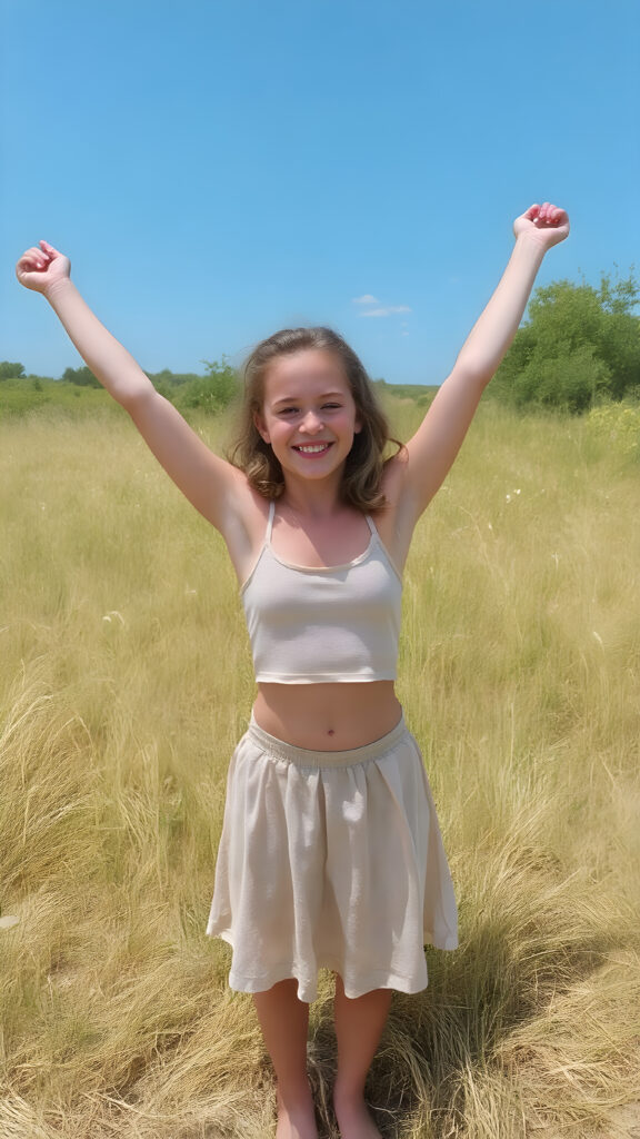 A beautiful, happy girl, 18 years old, perfect curved fit and female body, stands in a summer meadow. She is wearing a thin, short tank top and holding her arms up in the air. She is smiling and has her eyes slightly closed. She is wearing a summer skirt that reaches down to her knees. She is barefoot and enjoying life. Sunny