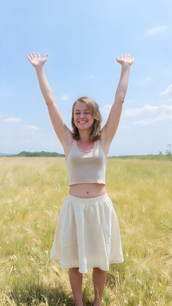 A beautiful, happy girl, 18 years old, perfect curved fit and female body, stands in a summer meadow. She is wearing a thin, short tank top and holding her arms up in the air. She is smiling and has her eyes slightly closed. She is wearing a summer skirt that reaches down to her knees. She is barefoot and enjoying life. Sunny