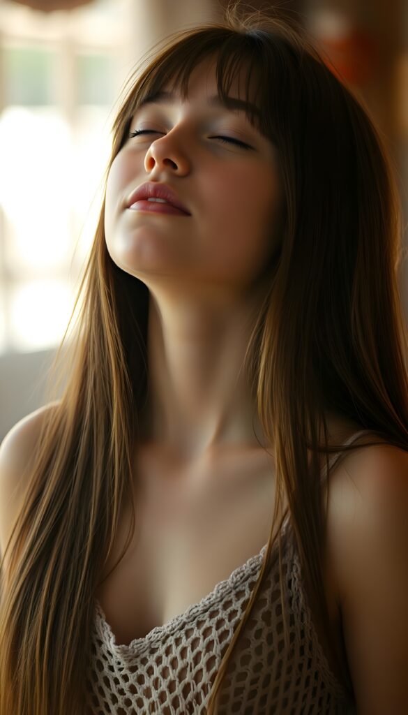 A beautiful photo of a young girl with long, straight, soft brown hair. She is looking up with her eyes closed, her mouth slightly open, and she has soft, full lips. The image is very peaceful. The girl has a perfectly feminine figure and is wearing a crocheted tank top with a low neckline.
