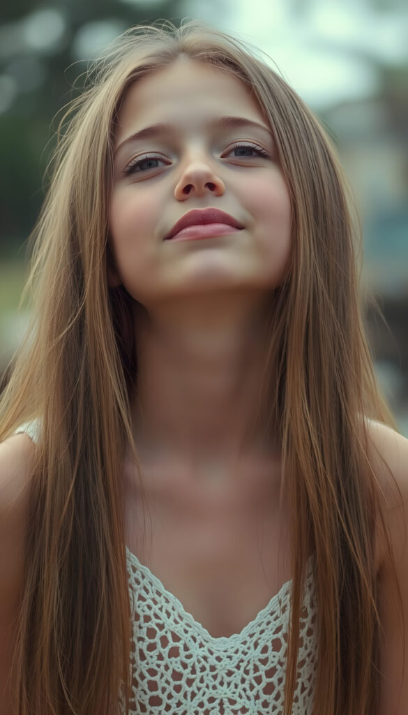 A beautiful photo of a young girl with long, straight, soft brown hair. She is looking up with her eyes closed, her mouth slightly open, and she has soft, full lips. The image is very peaceful. The girl has a perfectly feminine figure and is wearing a crocheted tank top with a low neckline.