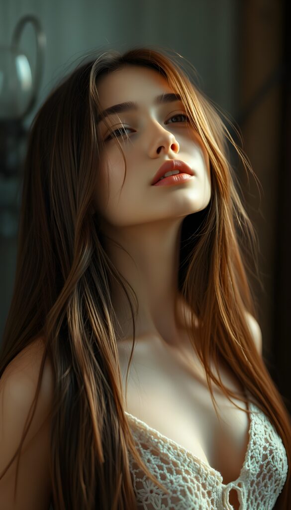 A beautiful photo of a young girl with long, straight, soft brown hair. She is looking up with her eyes closed, her mouth slightly open, and she has soft, full lips. The image is very peaceful. The girl has a perfectly feminine figure and is wearing a crocheted tank top with a low neckline.
