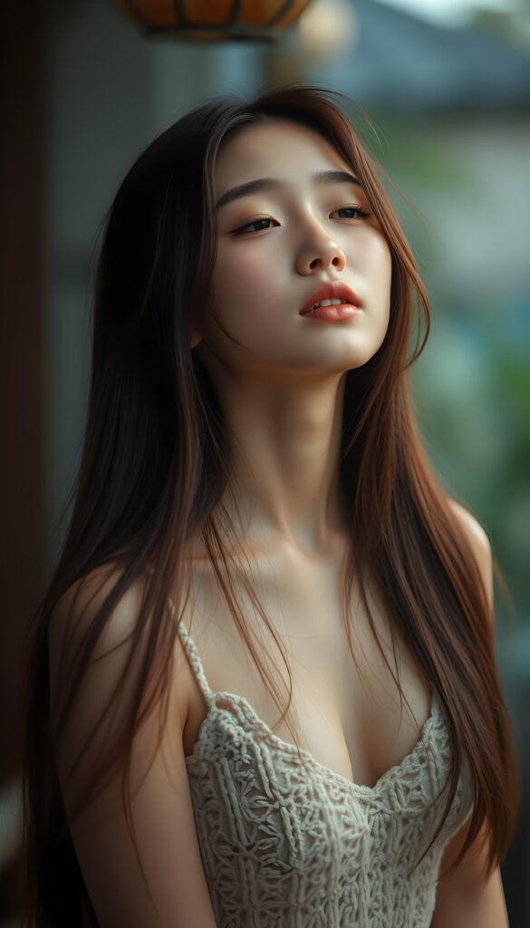 A beautiful photo of a young girl with long, straight, soft brown hair. She is looking up with her eyes closed, her mouth slightly open, and she has soft, full lips. The image is very peaceful. The girl has a perfectly feminine figure and is wearing a crocheted tank top with a low neckline.