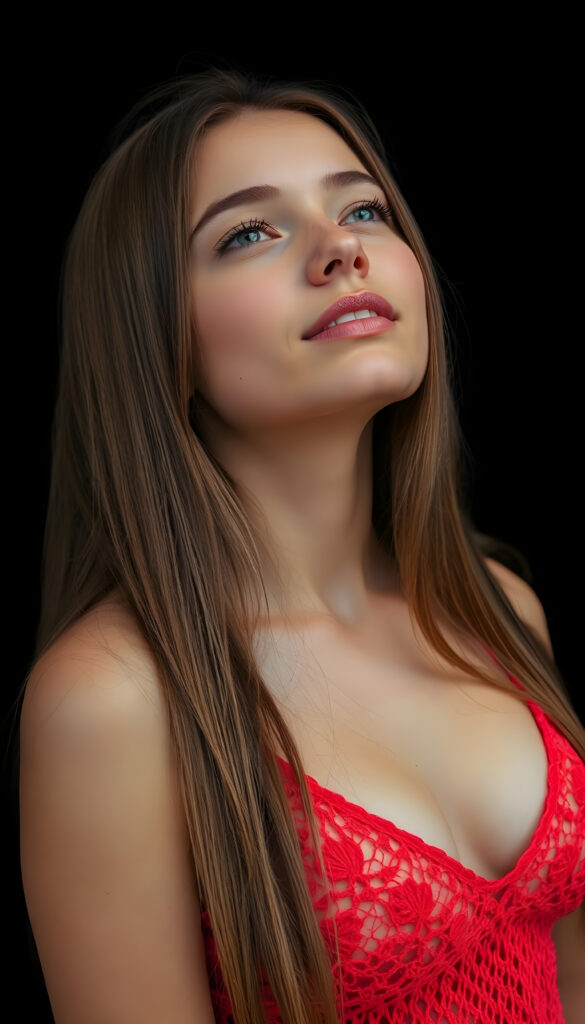 A beautiful photo of a young busty girl with long, straight, soft hazelnut brown hair. She is looking up with her eyes closed, her mouth slightly open, and she has soft, full lips. White teeth. The image is very peaceful. The girl has a perfectly feminine figure and is wearing a COLOR crocheted tank top with a low neckline, all against a black backdrop