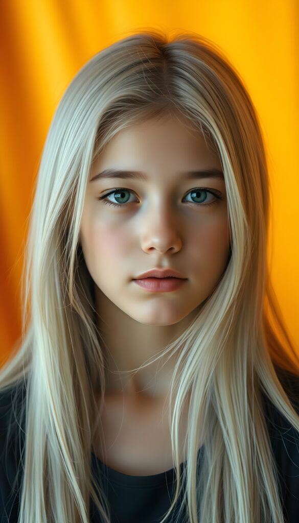 A beautiful photo of a young girl with soft, very long straight snow white detailed hair and a round, flawless face. The background is in shades and colors of yellow and orange.