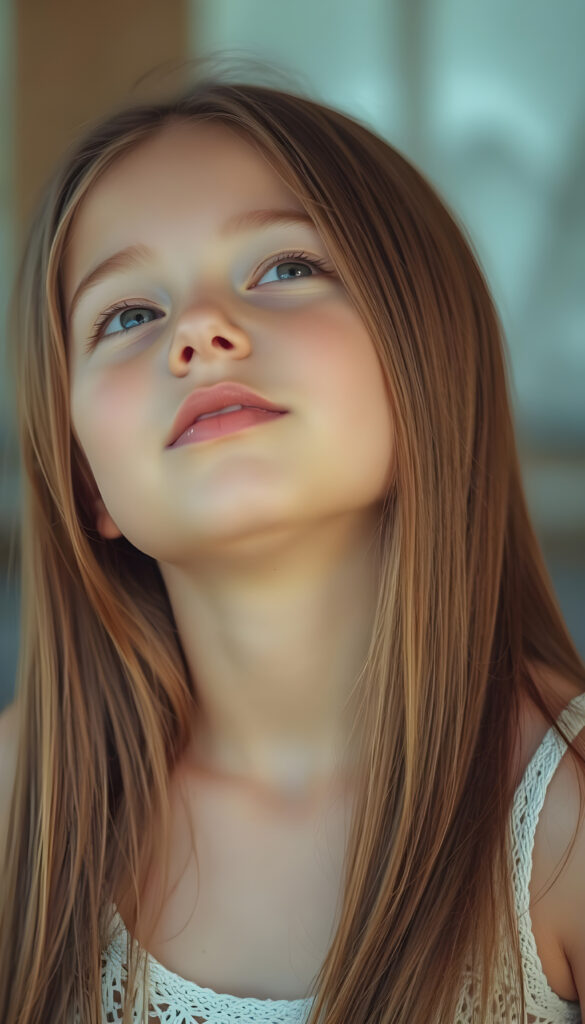 A beautiful photo of a young girl with long, straight, soft brown hair. She is looking up with her eyes closed, her mouth slightly open, and she has soft, full lips. The image is very peaceful. The girl has a perfectly feminine figure and is wearing a crocheted tank top with a low neckline.