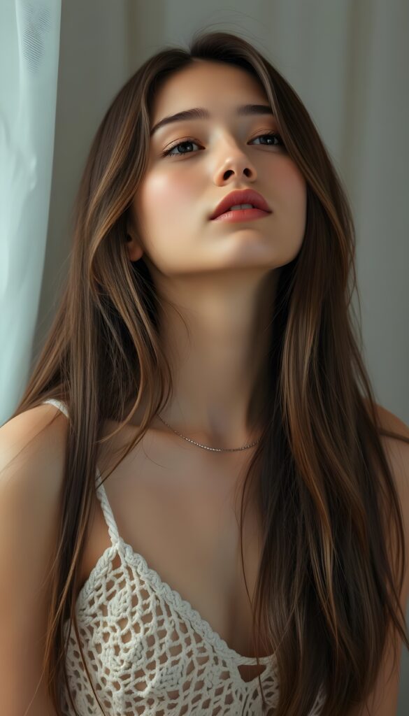 A beautiful photo of a young girl with long, straight, soft brown hair. She is looking up with her eyes closed, her mouth slightly open, and she has soft, full lips. The image is very peaceful. The girl has a perfectly feminine figure and is wearing a crocheted tank top with a low neckline.