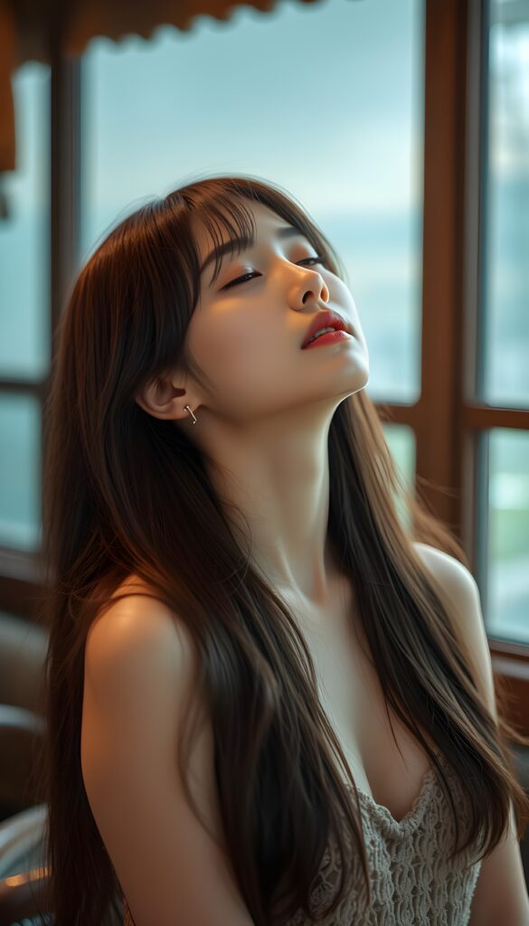 A beautiful photo of a young girl with long, straight, soft brown hair. She is looking up with her eyes closed, her mouth slightly open, and she has soft, full lips. The image is very peaceful. The girl has a perfectly feminine figure and is wearing a crocheted tank top with a low neckline.