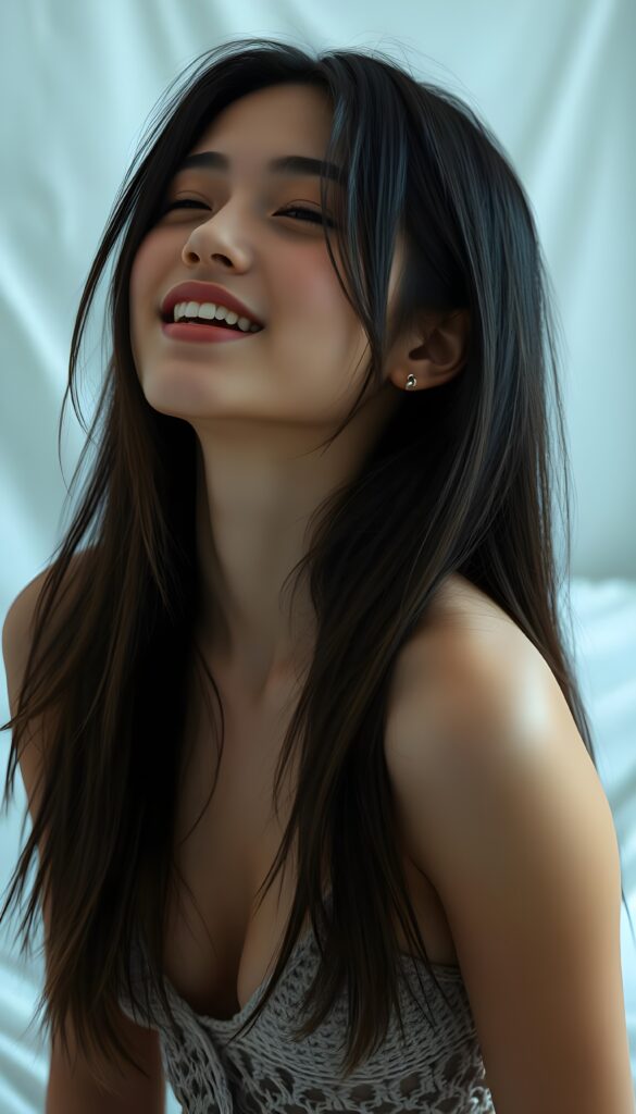 A beautiful photo of a young busty girl, with long, straight, soft black hair and brown highlights. She is looking up with closed eyes, and she has soft, full lips and a wide open mouth, white teeth. She enjoy this situation. The girl has a perfectly feminine figure and is wearing a crocheted tank top with a low neckline, white backdrop in a bed