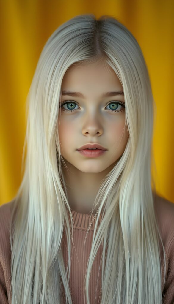 A beautiful photo of a young girl with soft, very long straight snow white detailed hair and a round, flawless face. The background is in shades and colors of yellow and orange.