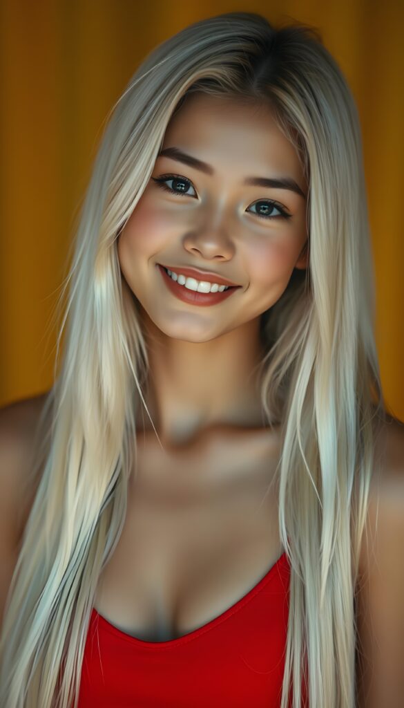 A beautiful photo of a young girl with soft, very long straight snow white detailed hair and a round, flawless face. The background is in shades and colors of yellow and orange. She wears a tight, bright red camisole with a low neckline that gently accentuates her perfect feminine body. Red kissable full lips, smile, white teeth.