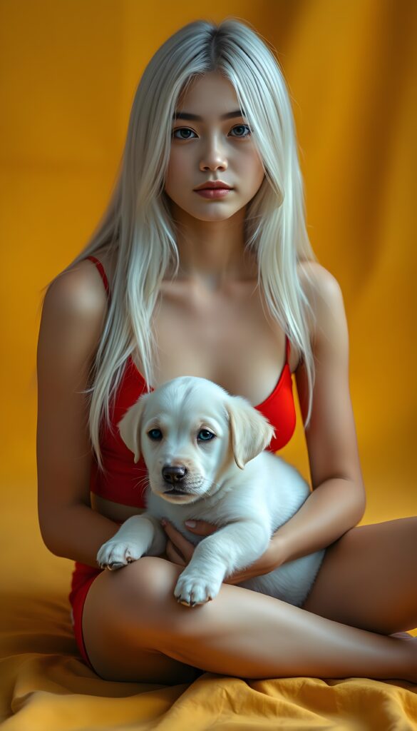 A beautiful photo of a young adult sitting girl with soft, very long straight snow white detailed hair and a round, flawless face. The background is in shades and colors of yellow and orange. She wears a tight, bright red cropped camisole with a low neckline that gently accentuates her perfect feminine body and she holds a cute white fluffy Labrador puppy. Round short red mini skirt.