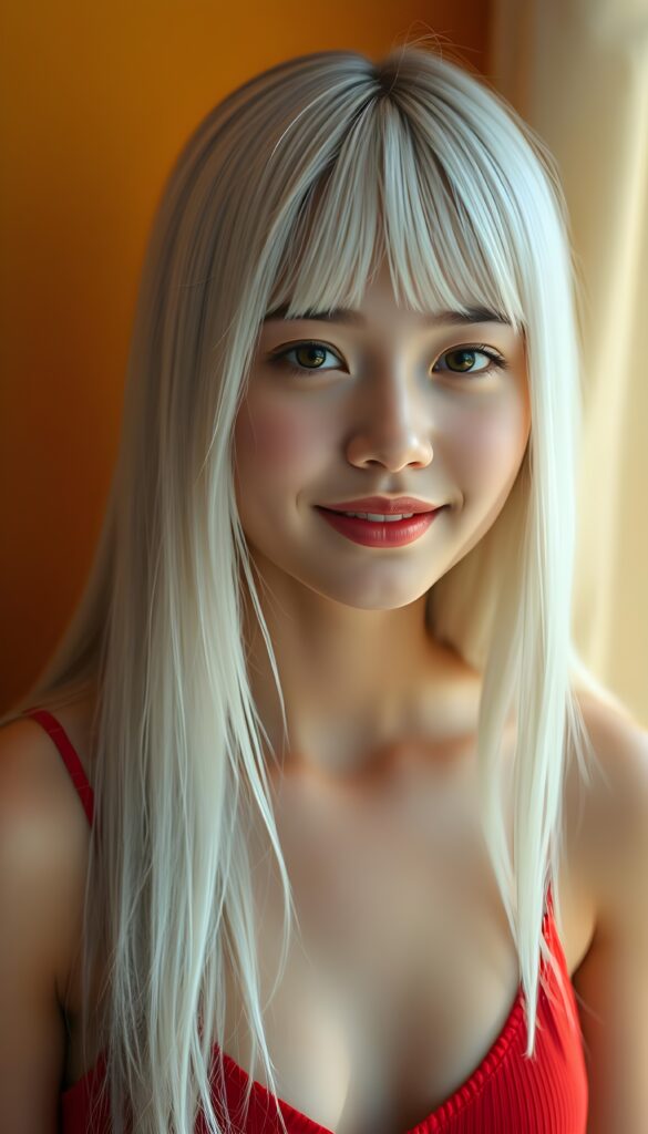 A beautiful photo of a young girl with soft, very long straight snow white detailed hair and a round, flawless face. The background is in shades and colors of yellow and orange. She wears a tight, bright red camisole with a low neckline that gently accentuates her perfect feminine body. Red kissable full lips, smile, white teeth.