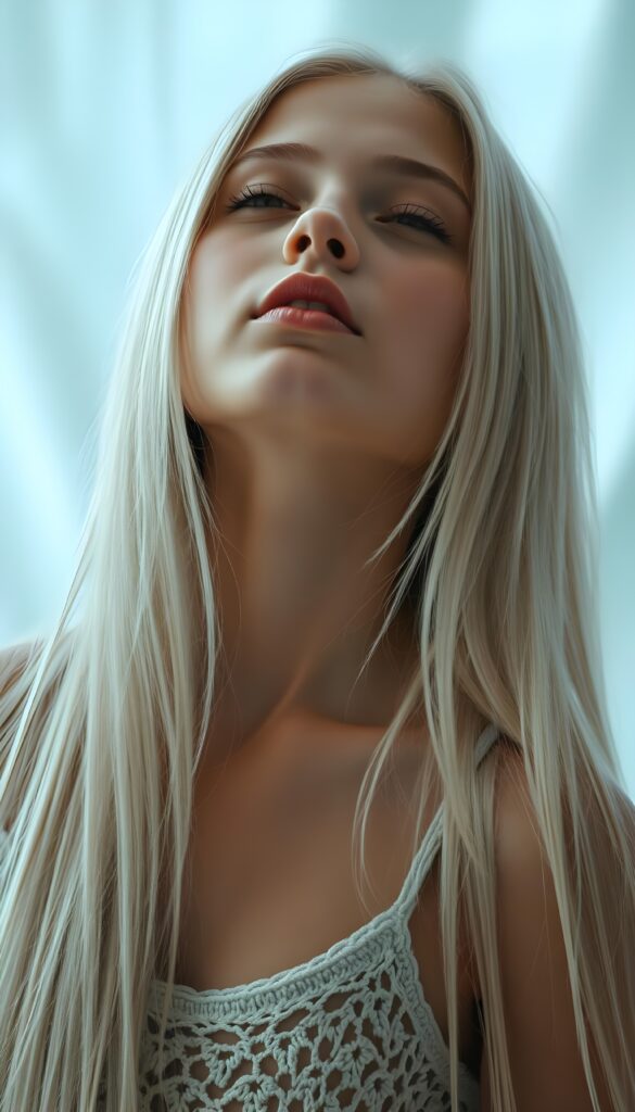 A beautiful photo of a young girl, with long, straight, soft white hair. She is looking up with her closed eyes, ((her mouth wide open)), white teeth and she has soft, full kissable plump red lips. The image is very peaceful. The girl has a perfectly feminine figure and is wearing a crocheted tank top with a low neckline.