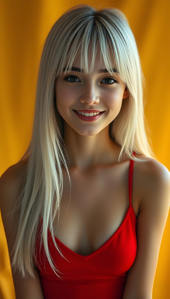 A beautiful photo of a young girl with soft, very long straight snow white detailed hair and a round, flawless face. The background is in shades and colors of yellow and orange. She wears a tight, bright red camisole with a low neckline that gently accentuates her perfect feminine body. Red kissable full lips, smile, white teeth.