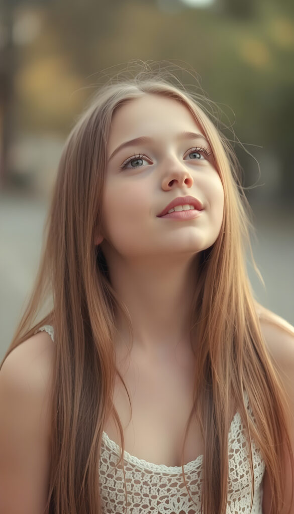A beautiful photo of a young girl with long, straight, soft brown hair. She is looking up with her eyes closed, her mouth slightly open, and she has soft, full lips. The image is very peaceful. The girl has a perfectly feminine figure and is wearing a crocheted tank top with a low neckline.
