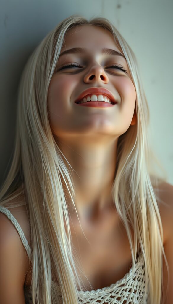 A beautiful photo of a young girl, with long, straight, soft white hair. She is looking up with her closed eyes, ((her mouth wide open)), white teeth and she has soft, full kissable plump red lips. The image is very peaceful. The girl has a perfectly feminine figure and is wearing a crocheted tank top with a low neckline.