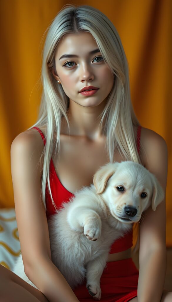 A beautiful photo of a young adult sitting girl with soft, very long straight snow white detailed hair and a round, flawless face. The background is in shades and colors of yellow and orange. She wears a tight, bright red cropped camisole with a low neckline that gently accentuates her perfect feminine body and she holds a cute white fluffy Labrador puppy. Round short red mini skirt.