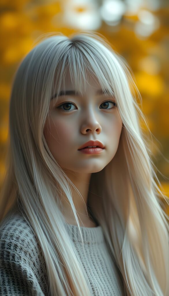 A beautiful photo of a young girl with soft, very long straight snow white detailed hair and a round, flawless face. The background is in shades and colors of yellow and orange.