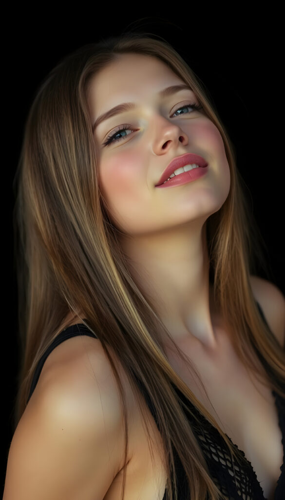 A beautiful photo of a young busty girl with long, straight, soft hazelnut brown hair. She is looking up with her eyes closed, her mouth slightly open, and she has soft, full lips. White teeth. The image is very peaceful. The girl has a perfectly feminine figure and is wearing a COLOR crocheted tank top with a low neckline, all against a black backdrop