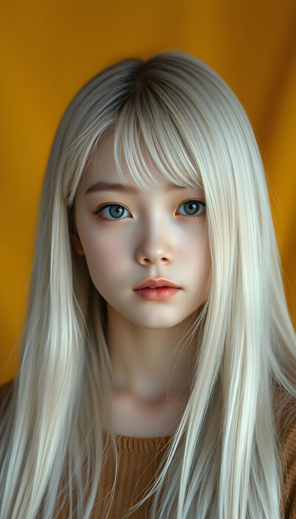 A beautiful photo of a young girl with soft, very long straight snow white detailed hair and a round, flawless face. The background is in shades and colors of yellow and orange.