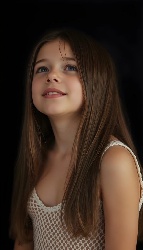 A beautiful photo of a young girl with long, straight, soft hazelnut brown hair. She is looking up with her eyes closed, her mouth slightly open, and she has soft, full lips. White teeth. The image is very peaceful. The girl has a perfectly feminine figure and is wearing a translucent crocheted tank top with a low neckline, all against a black backdrop
