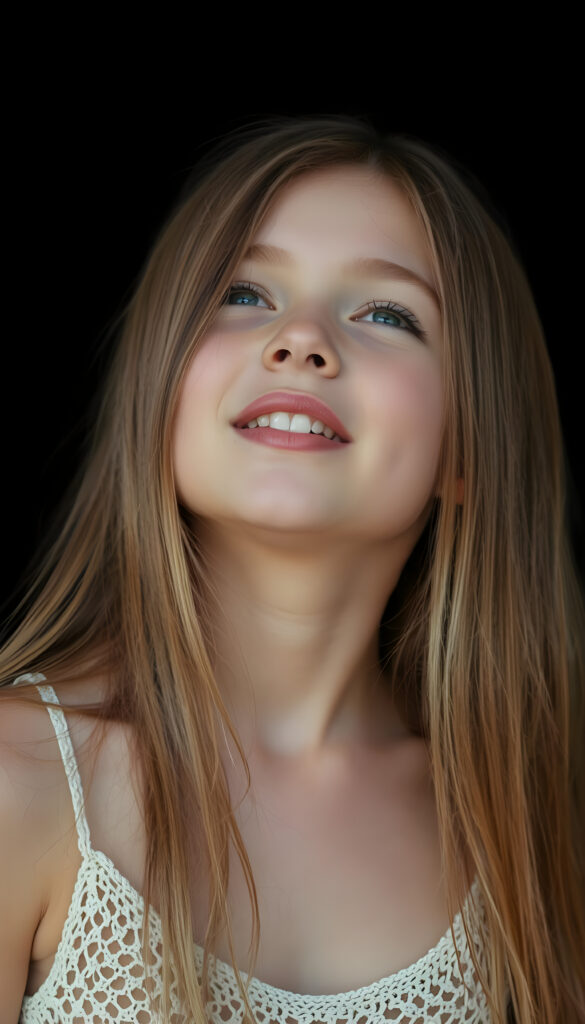 A beautiful photo of a young girl with long, straight, soft hazelnut brown hair. She is looking up with her eyes closed, her mouth slightly open, and she has soft, full lips. White teeth. The image is very peaceful. The girl has a perfectly feminine figure and is wearing a translucent crocheted tank top with a low neckline, all against a black backdrop