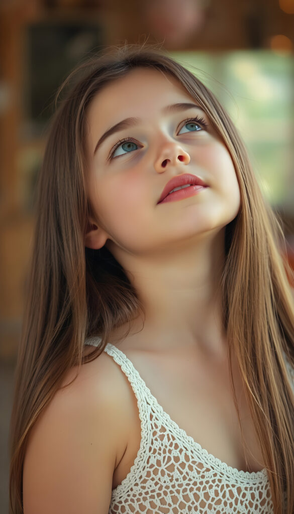 A beautiful photo of a young girl with long, straight, soft brown hair. She is looking up with her eyes closed, her mouth slightly open, and she has soft, full lips. The image is very peaceful. The girl has a perfectly feminine figure and is wearing a crocheted tank top with a low neckline.