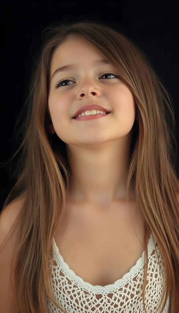 A beautiful photo of a young girl with long, straight, soft hazelnut brown hair. She is looking up with her eyes closed, her mouth slightly open, and she has soft, full lips. White teeth. The image is very peaceful. The girl has a perfectly feminine figure and is wearing a translucent crocheted tank top with a low neckline, all against a black backdrop