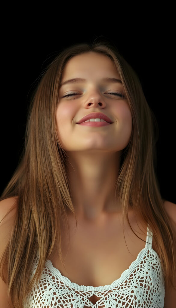 A beautiful photo of a young busty girl with long, straight, soft hazelnut brown hair. She is looking up with her eyes closed, her mouth slightly open, and she has soft, full lips. White teeth. The image is very peaceful. The girl has a perfectly feminine figure and is wearing a COLOR crocheted tank top with a low neckline, all against a black backdrop