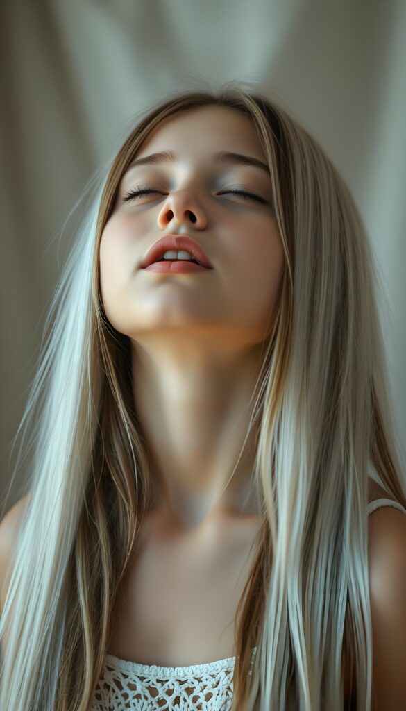 A beautiful photo of a young girl, with long, straight, soft white hair. She is looking up with her closed eyes, ((her mouth wide open)), white teeth and she has soft, full kissable plump red lips. The image is very peaceful. The girl has a perfectly feminine figure and is wearing a crocheted tank top with a low neckline.