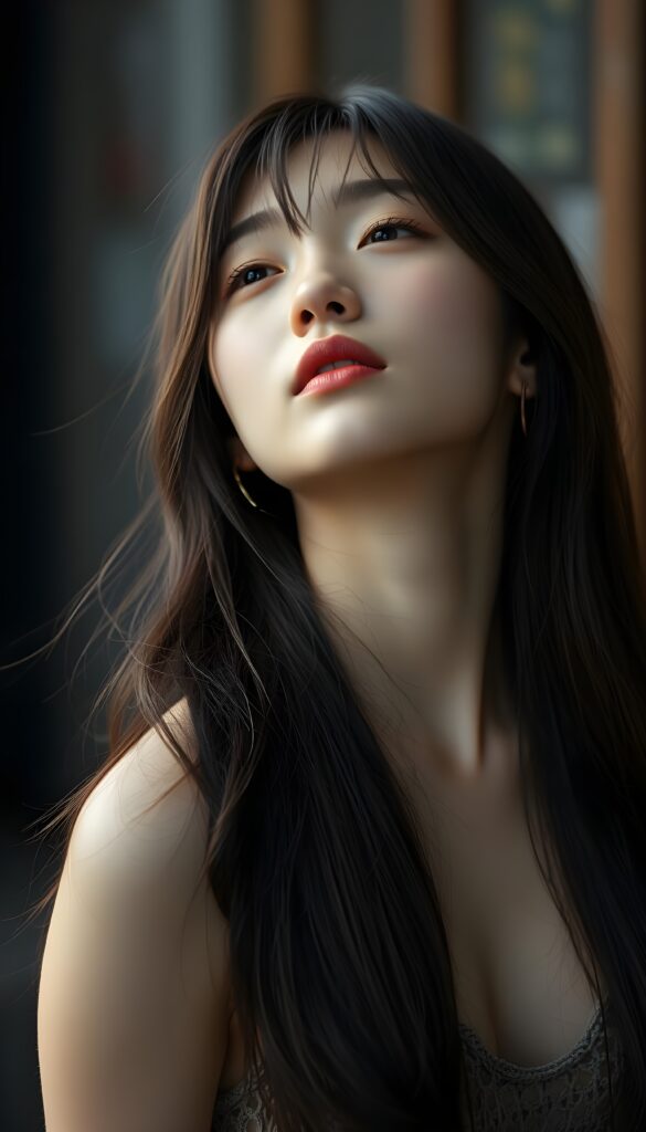 A beautiful photo of a young girl with long, straight, soft brown hair. She is looking up with her eyes closed, her mouth slightly open, and she has soft, full lips. The image is very peaceful. The girl has a perfectly feminine figure and is wearing a crocheted tank top with a low neckline.