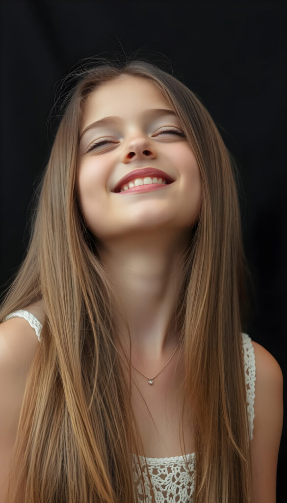 A beautiful photo of a young girl with long, straight, soft hazelnut brown hair. She is looking up with her eyes closed, her mouth slightly open, and she has soft, full lips. White teeth. The image is very peaceful. The girl has a perfectly feminine figure and is wearing a translucent crocheted tank top with a low neckline, all against a black backdrop