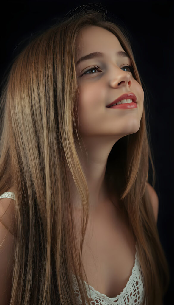 A beautiful photo of a young girl with long, straight, soft hazelnut brown hair. She is looking up with her eyes closed, her mouth slightly open, and she has soft, full lips. White teeth. The image is very peaceful. The girl has a perfectly feminine figure and is wearing a translucent crocheted tank top with a low neckline, all against a black backdrop