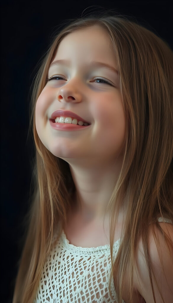 A beautiful photo of a young girl with long, straight, soft hazelnut brown hair. She is looking up with her eyes closed, her mouth slightly open, and she has soft, full lips. White teeth. The image is very peaceful. The girl has a perfectly feminine figure and is wearing a translucent crocheted tank top with a low neckline, all against a black backdrop