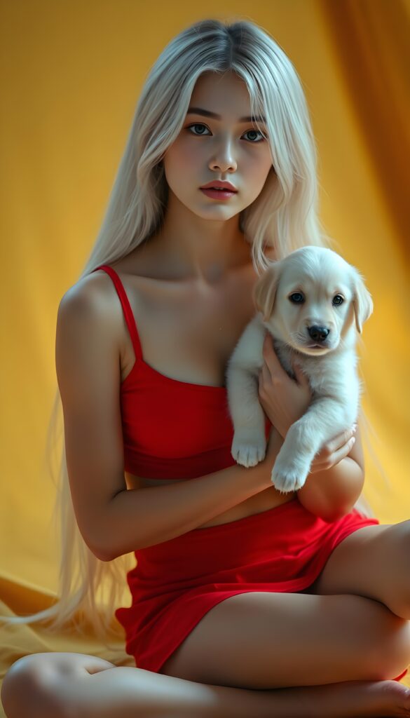 A beautiful photo of a young adult sitting girl with soft, very long straight snow white detailed hair and a round, flawless face. The background is in shades and colors of yellow and orange. She wears a tight, bright red cropped camisole with a low neckline that gently accentuates her perfect feminine body and she holds a cute white fluffy Labrador puppy. Round short red mini skirt.