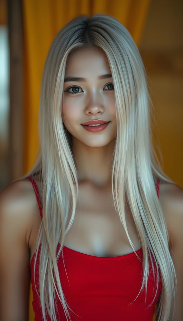 A beautiful photo of a young girl with soft, very long straight snow white detailed hair and a round, flawless face. The background is in shades and colors of yellow and orange. She wears a tight, bright red camisole with a low neckline that gently accentuates her perfect feminine body. Red kissable full lips, smile, white teeth.
