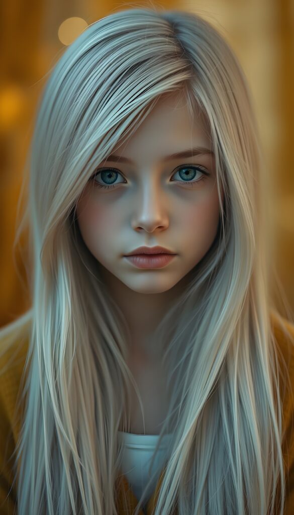 A beautiful photo of a young girl with soft, very long straight snow white detailed hair and a round, flawless face. The background is in shades and colors of yellow and orange.