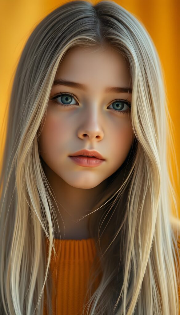A beautiful photo of a young girl with soft, very long straight snow white detailed hair and a round, flawless face. The background is in shades and colors of yellow and orange.