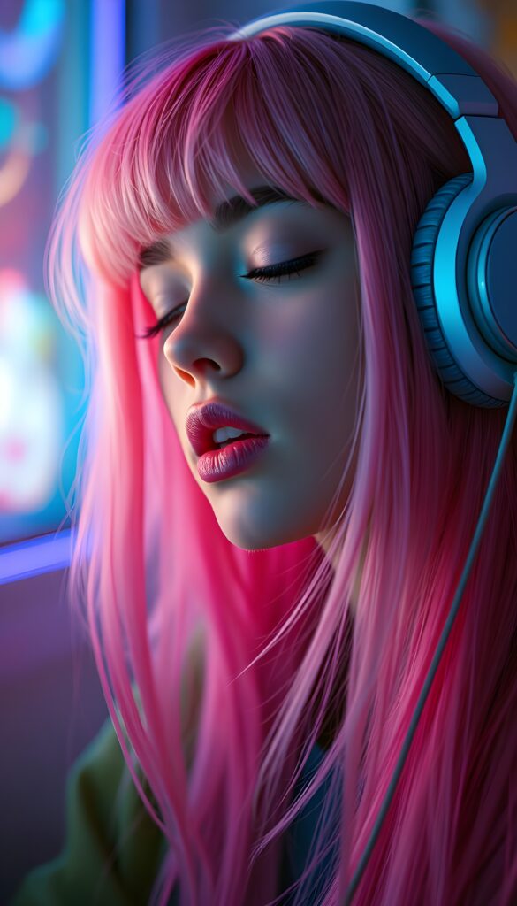 A beautiful picture with a neon colors touch shows a young girl with long straight pink soft hair; she’s wearing large headphones, has full lips, and her eyes are closed. She has a round angelic face. She is cute an beautiful. She’s listening to music. Friendly. She is looking slithery up. Open mouth and white teeth.
