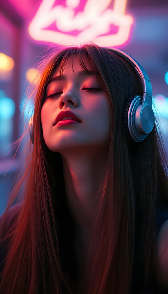 A beautiful picture with a neon colors touch shows a young girl with long straight hair; she’s wearing large headphones, has full lips, and her eyes are closed. She has a round angelic face. She is cute an beautiful. She’s listening to music. Friendly.